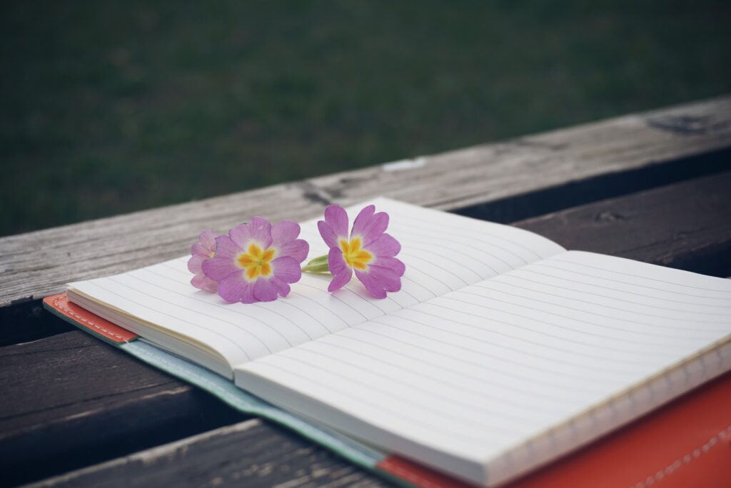 A journal on an outdoor bench with flowers on it